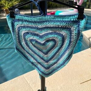 NWOT Crochet Halter Crop Top Blue White teal Handmade halter top L